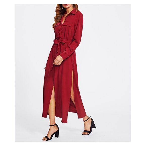 Burgundy Red Button Down Shirt Maxi Dress - Picture 3 of 5